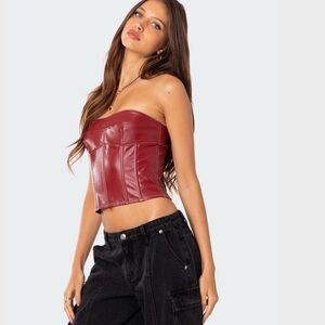 Edikted Faux Leather Burgundy Strapless Crop Top